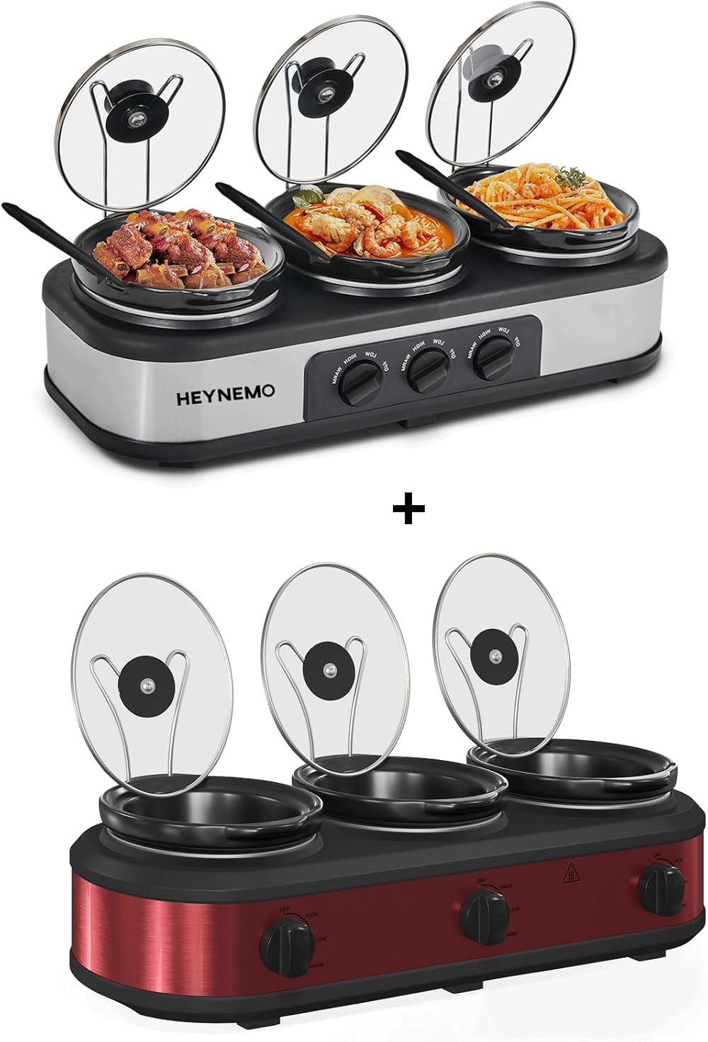 Triple Slow Cooker, 3 x 1.5 QT Portable Small Dual Crock Cooker Silver & Red