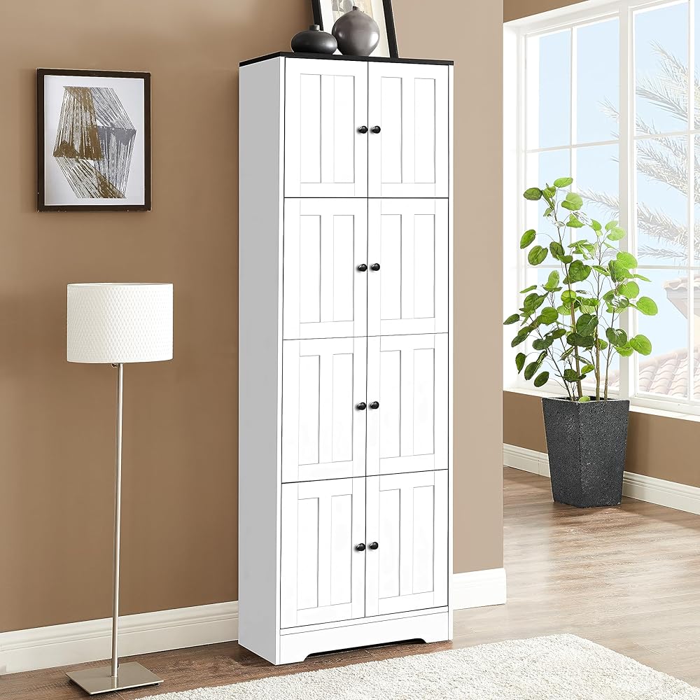 Tall Storage Cabinet with 8 Doors and 4 Shelves, Wall Storage Cabinet for Living Room, Kitchen, Office, Bedroom, Bathroom (White)