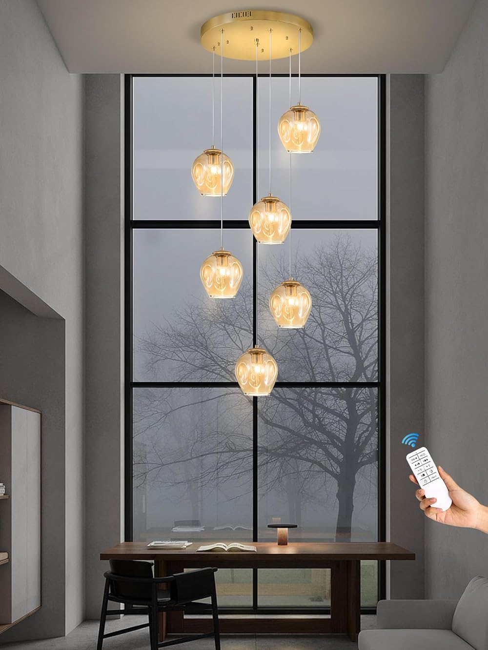 Mid Century Pendant Light 6-Light Amber Glass Chandelier Adjustable Hanging Pendant Light Fixture for Dining Room Living Room Kitchen(Gold+Amber)