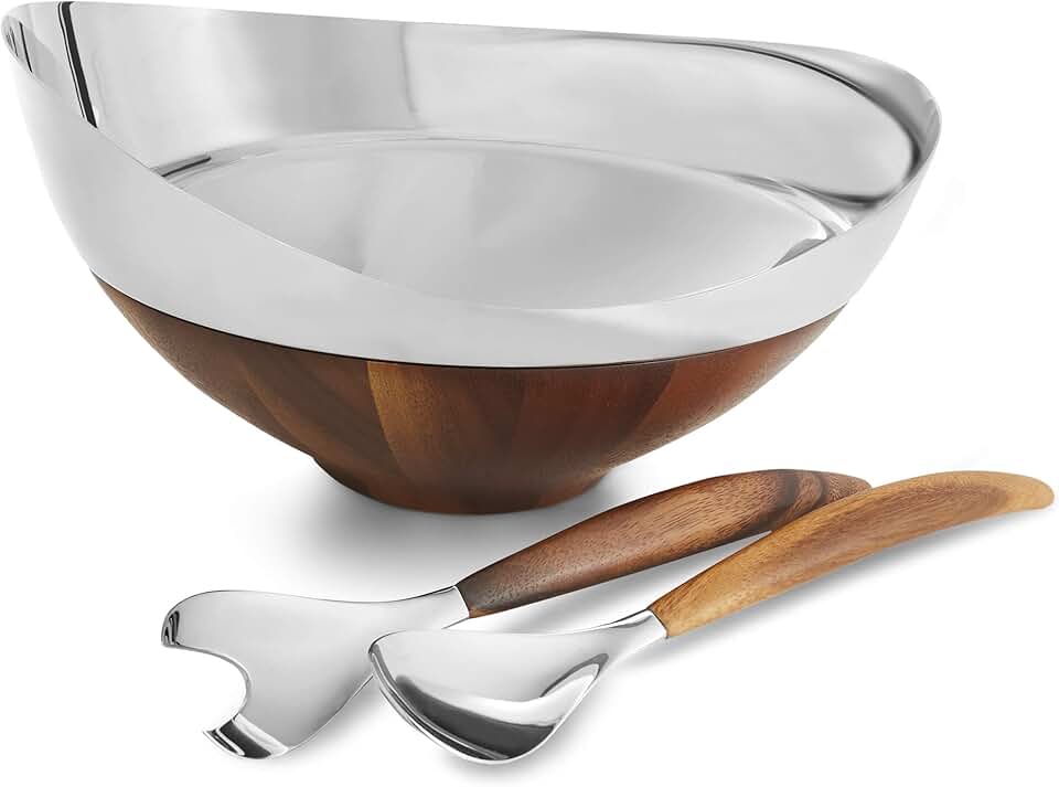 nambe Pulse Salad Bowl w/Servers | Large 13 Inch Salad Bowl with Serving Utensils | 3 Piece Decorative Wooden Salad Bowl Set | Made of Stainless Steel and Acacia Wood | Bowl is Dishwasher Safe