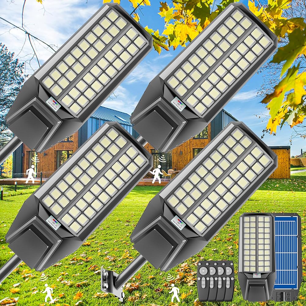 4-Pack 4000W Solar Street Light - 300000 Lumens, Dusk-to-Dawn, Waterproof, Ideal for Commercial & Outdoor Parking Lots - Energy-Efficient Solar-Powered, 3-Year Warranty