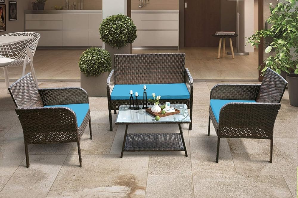 4 Pieces Outdoor Patio Furniture Set All-Weather Wicker Sofa Set Rattan Chair with Tempered Glass Table, Cushioned Seats Conversation Sets, Blue (Color : Blue)