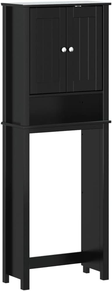 vidaXL Over-The-Toilet Storage in Solid Pine Wood - Berg Black Bathroom Shelf with Three Shelves and Dual Metal Handles, Measures 23.6