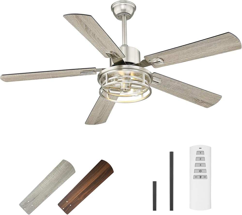 TENGXIN 52 Inch Farmhouse Ceiling Fan - Industrial Ceiling Fans with Light and Remote Control,Brushed Nickel Ceiling Fan with 5 Reversible Blades,TXCF-BN001