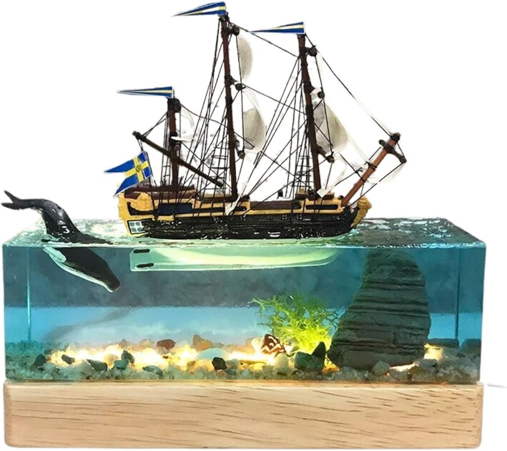 Whale Sailing Ornament Lamp, Decorations Marine Art Night Light Desk Lamp, Ocean Theme Diorama, Lamp Decoration, Ocean Lamp, Diver Lamp (18x6x18 cm, Boat Random)