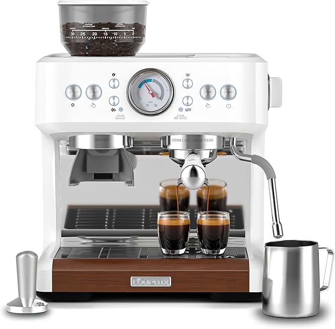 Espresso Machine with Grinder, 20 Bar Espresso Maker All in One Coffee Machine, Cafe Espresso Machine with Milk Frother for Latte Cappuccinos Coffee Maker, 2.8L Water Tank, 58MM Portafilter