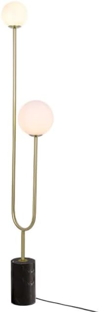 Inversione Modern U-Shaped Floor Lamp, 2 Medium (E26) Sockets (40W Max.), Frosted Glass Globes, Gold-Finish, Black Marble Base, 70-Inch Cord, ETL Listed