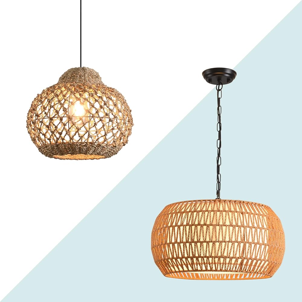 Rattan Pendant Light, Rattan Basket Light Fixtures Ceiling Hanging Boho Chandelier Hand-Woven Bamboo Rattan Hanging Lamp for Dinning Room Kitchen Island Bedroom Hallway