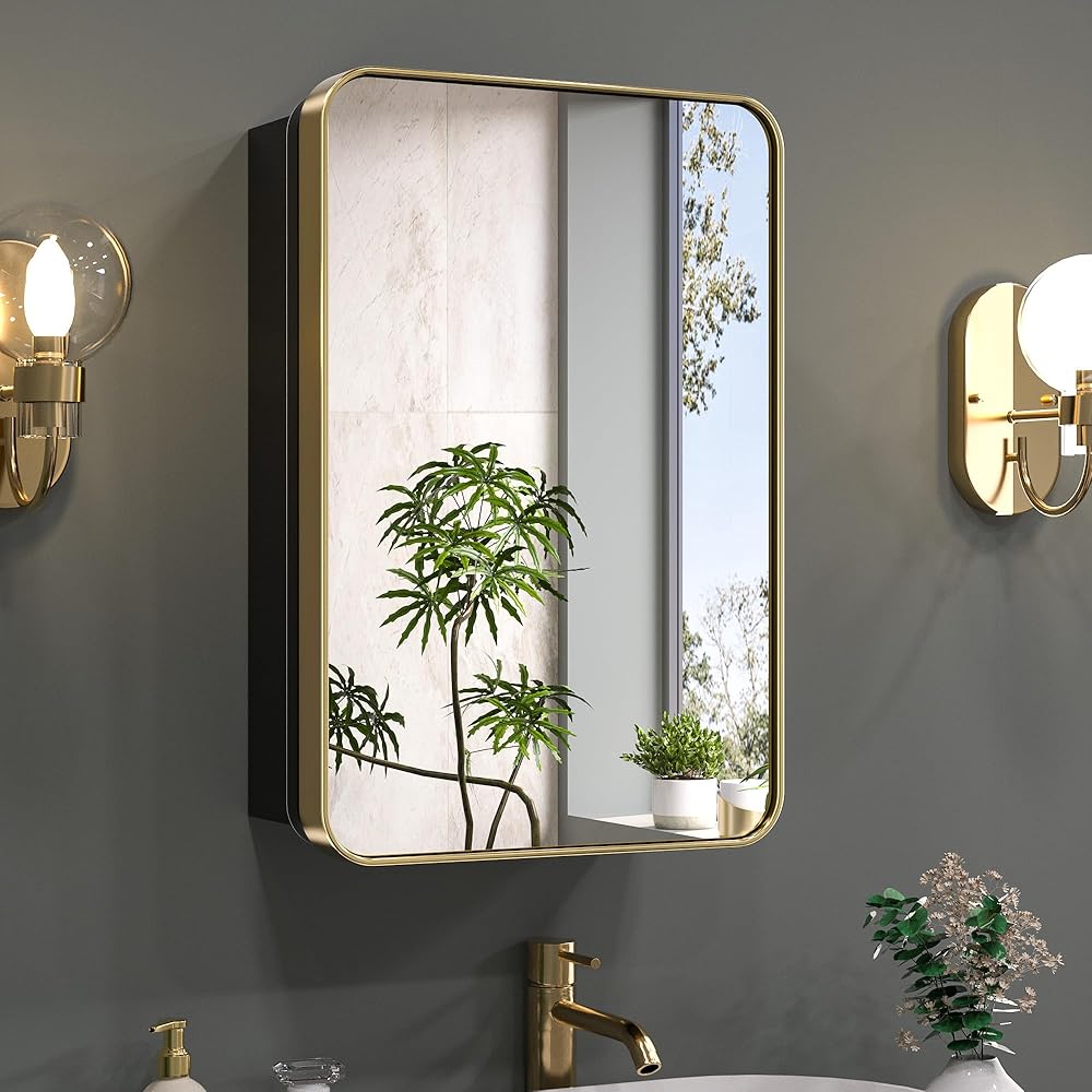 17 x 25 Inch Gold Medicine Cabinets for Bathroom with Mirror Stainless Steel Framed Adjustable Shelves Modern Farmhouse Rounded Rectangle Single Door Small Recessed Bathroom Storage Cabinet