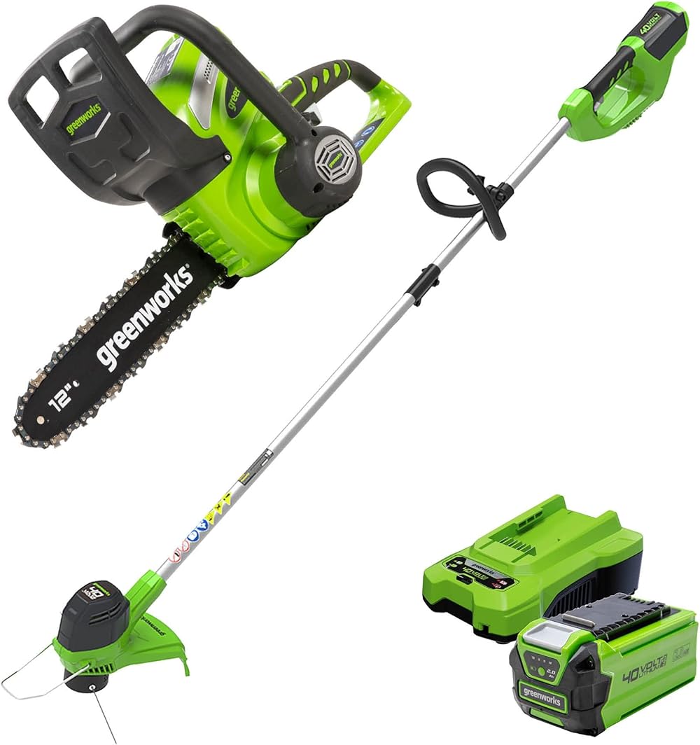 Greenworks 40V 12-Inch Cordless Chainsaw, 2.0Ah Battery and Charger Included 20262 with 40V String Trimmer