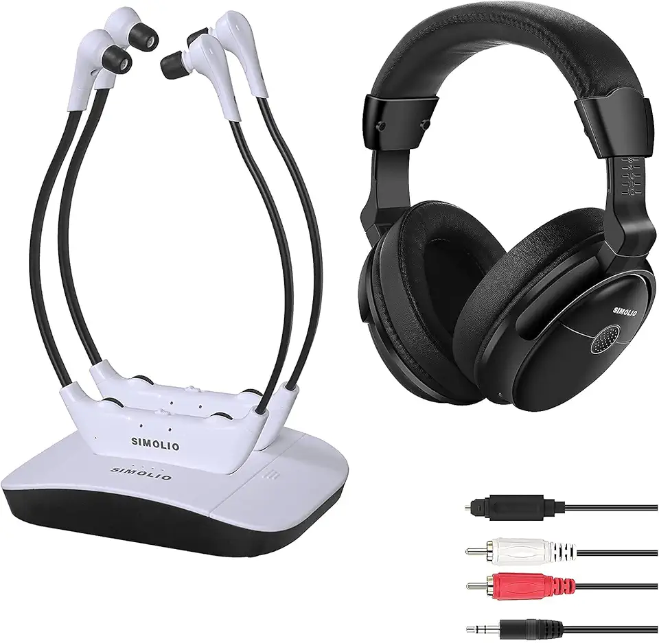 SIMOLIO Digital 2.4GHz Wireless TV Headphones with Spare Battery for Seniors, Two Under-Chin Headset and One Over-Ear Headphone for Replacement,100 ft Work Range, No Audio Delay