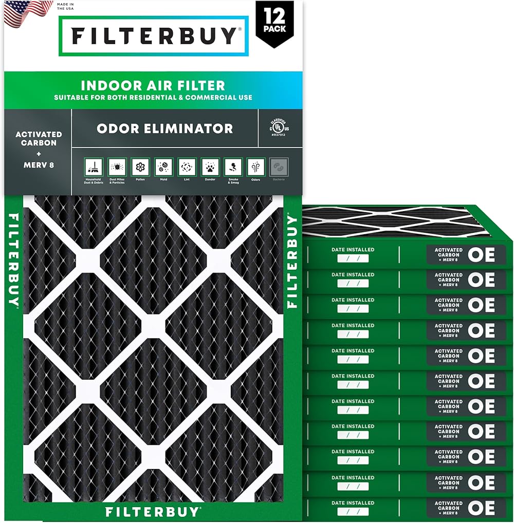 Filterbuy 20x30x1 Air Filter MERV 8 Odor Eliminator (12-Pack), Pleated HVAC AC Furnace Air Filters Replacement with Activated Carbon (Actual Size: 19.63 x 29.63 x 0.75 Inches)