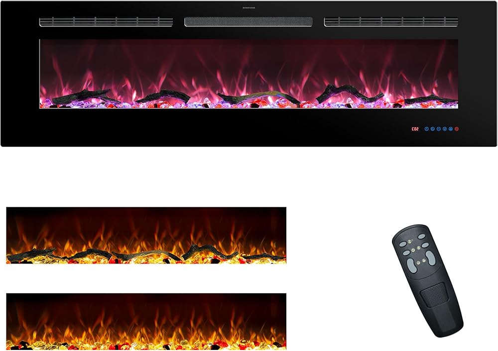 60 Inches Electric Fireplace Inserts, Recessed and Wall Mounted Fireplace Heater for Indoor Use with Remote Control, 13 Color Flames with Log &Crystal, 9H Timer, 750/1500W