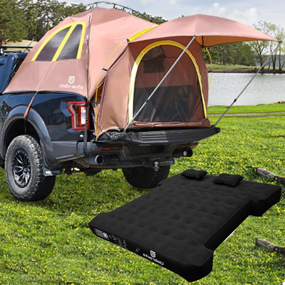 Umbrauto Truck Bed Tent Fits 5.5'-5.8' with Inflatable Truck Bed Mattress, PU3000mm Waterproof Pickup Truck Tents Camping Kit Brown