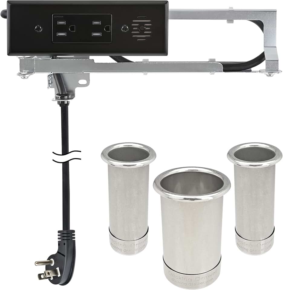 in-Drawer Outlet & Canister Tube Bundle | Docking Drawer Blade (2AC Outlets) | Stainless Steel Capped Canisters (3, 2, 2