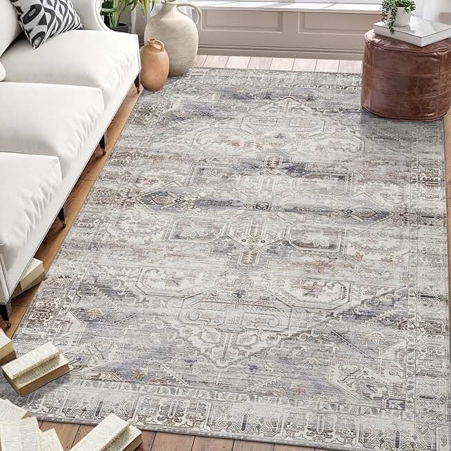 ReaLife Machine Washable Area Rug - Living Room Bedroom Bathroom Kitchen Entryway Office - Padded Low Pile Stain Resistant Premium - Boho Farmhouse Vintage - Lia - Ivory Beige Gray 7'6