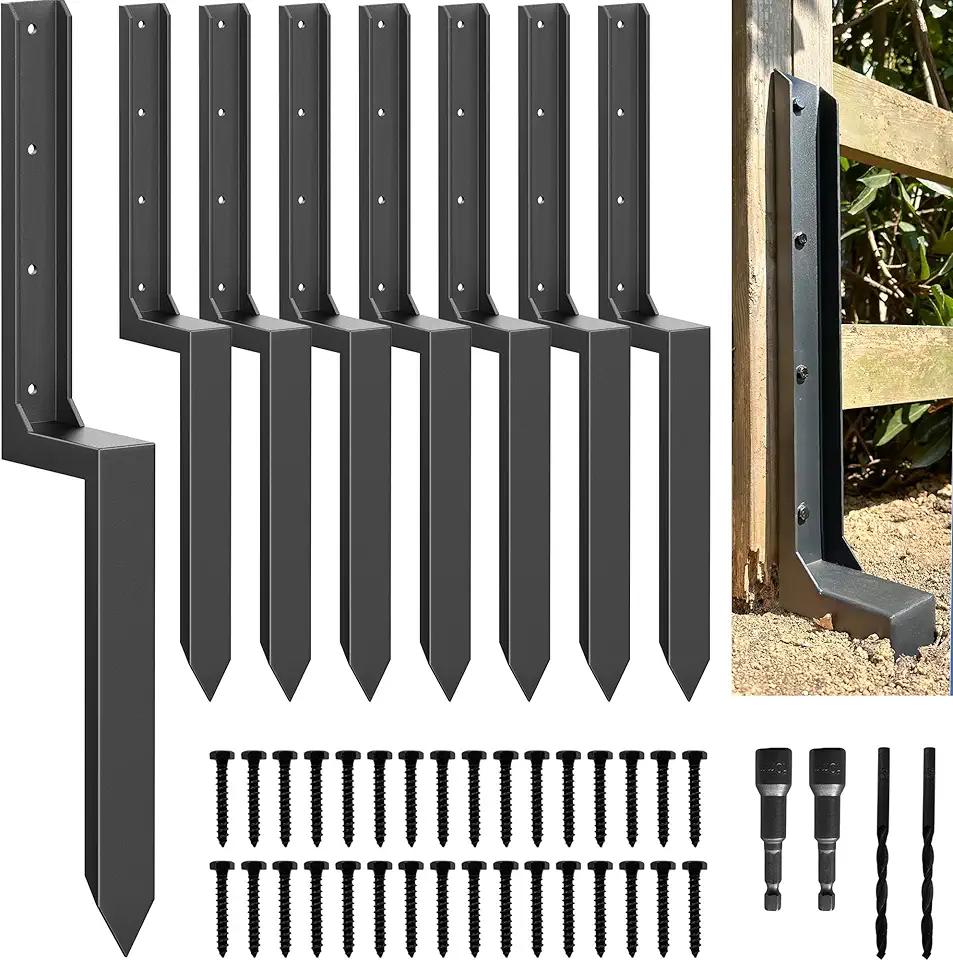 Thickened Fence Post Anchor Kit, Metal Fence Post Repair Stakes Kit, Anchors Ground Spikes Mender for Repair Leaning 4x4/6x6 Wood Fence Post Support (Thicker 11-Gauge, 8 Pack/Black)