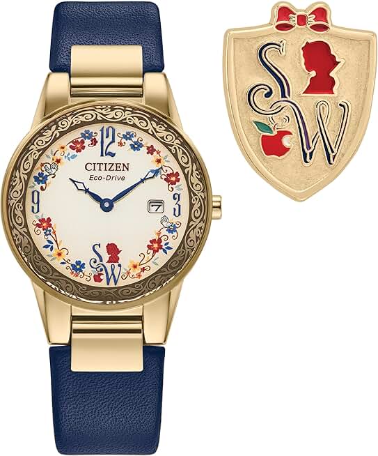 Ladies' Eco-Drive Disney Princess Snow White Gold Stainless Steel Case with Blue Leather Strap Watch and Pin Gift Set, Pale Gold Dial, Date (Model: GA1079-41W)