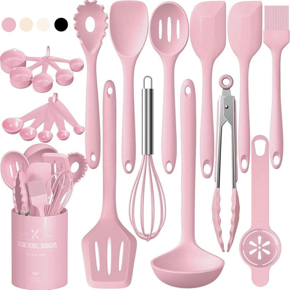 22Pcs Silicone Cooking Utensils Set, Heat Resistant Silicone Kitchen Spatulas Set with Holder, Cooking Gadgets Tools Set for Nonstick Cookware, Dishwasher Safe(Pink)