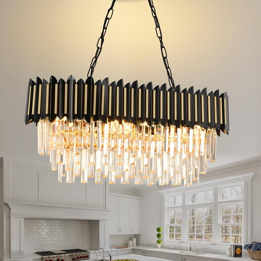 Modern Crystal Chandeliers for Dining Room 8-Light Black and Gold Chandelier Living Room Chandelier Oval Farmhouse Pendant Ceiling Hanging Light Fixture for Kitchen Island Bar Bedroom L32