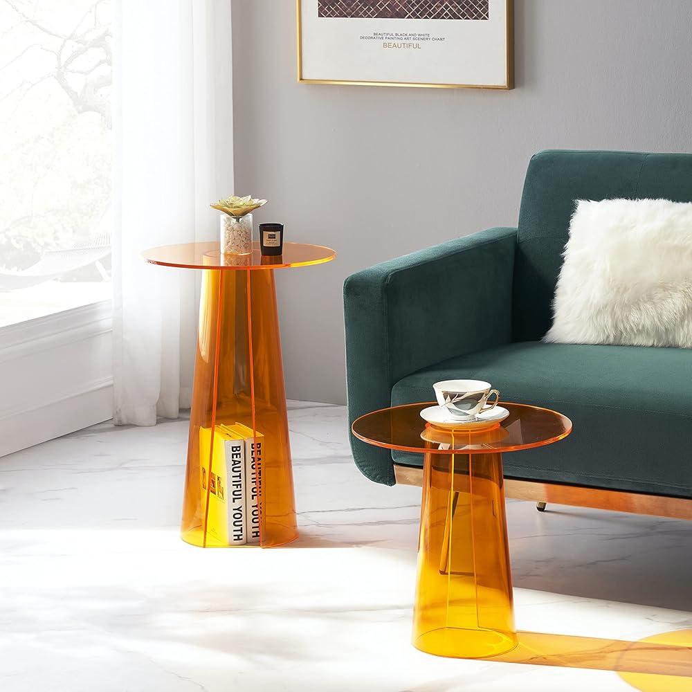 Orange Colored Acrylic Lucite Sofa Side Table Beautiful Design Furniture Table Drinks and Snacks Table Stylish Home Table Furniture Modern Cute Design (Orange, 15.7x15.7x22.8''H)