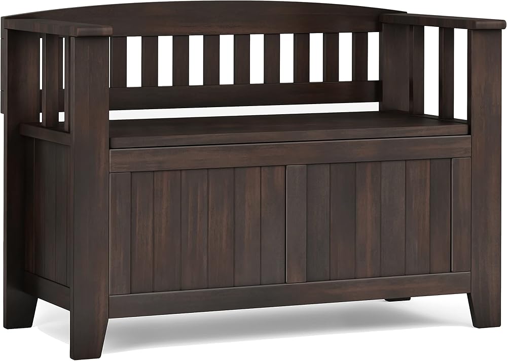 SIMPLIHOME Acadian SOLID WOOD 36 Inch Wide Transitional Small Entryway Storage Bench in Brunette Brown, For the Living Room, Entryway and Family Room