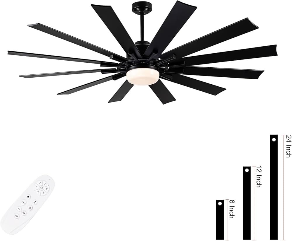 72 Inch Large Ceiling Fan with Light,12 Blades Reversible DC Ceiling Fan,6 Speeds Remote Control，Dimmable 3 Color Temperatures LED，Modern Black Ceiling Fans For Indoor or Covered Outdoor Use.