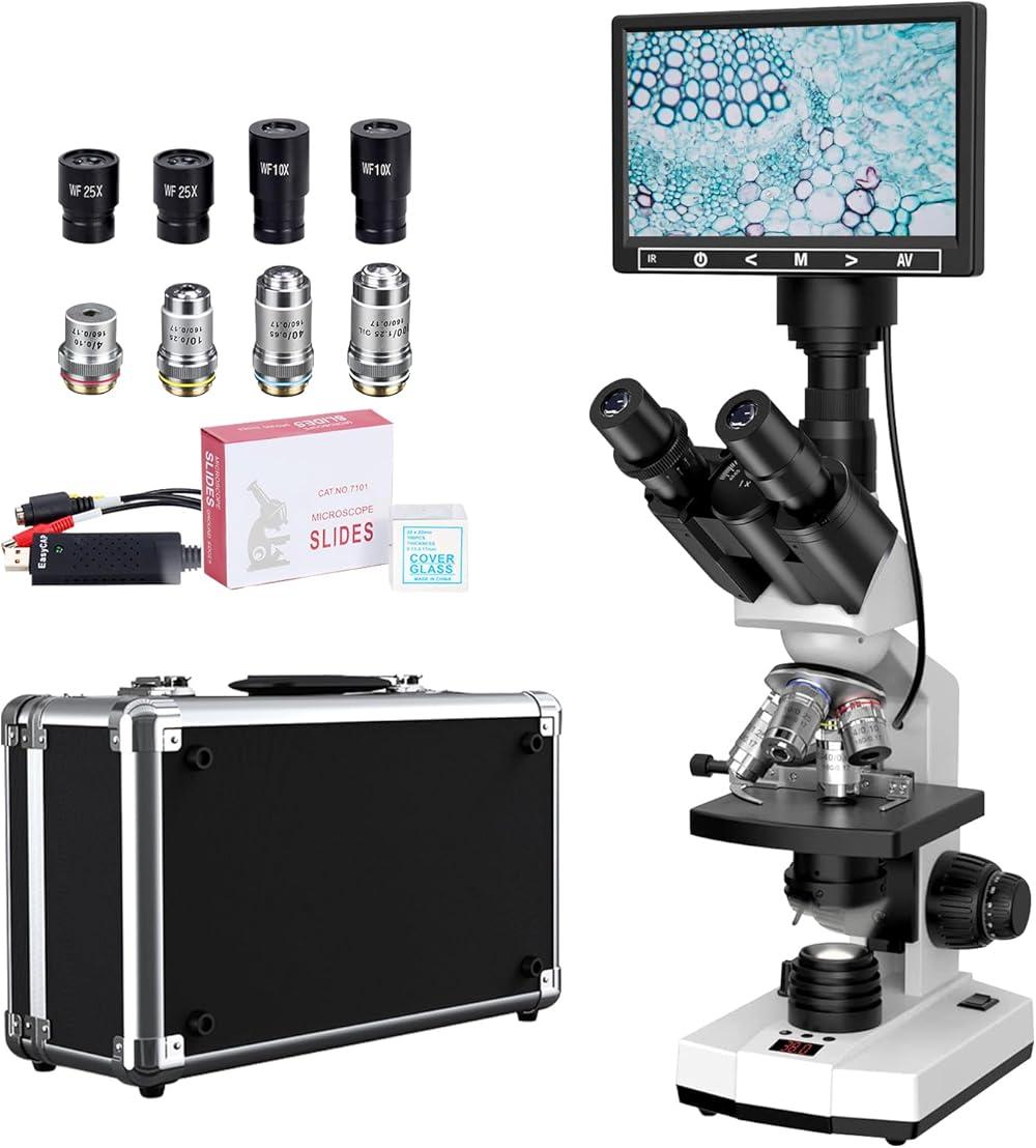 Lab Compound Trinocular Microscope with 40X-2500X Magnification, Dual-View Microscope for Adults Student with 7’’ Screen, Built-in 5MP Camera, Adjustable Thermostat Mechanical Stage (White)