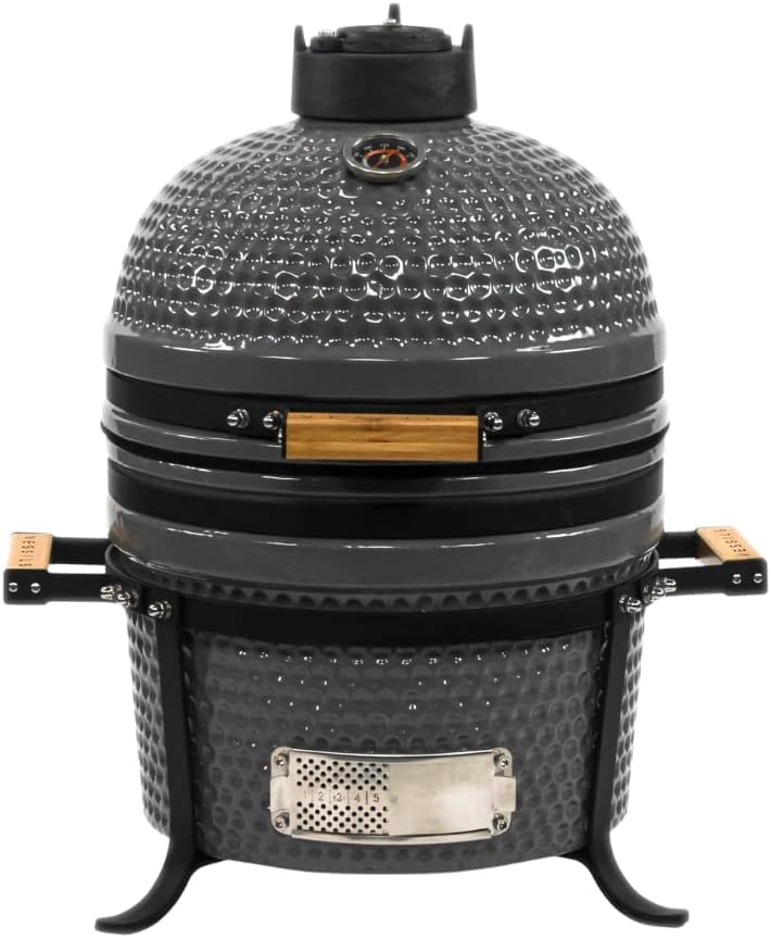 VESSILS 12.6-in W Kamado Charcoal Grill Handle Style – Heavy Duty Ceramic Barbecue Grill with Low Stand and Side Handles (Gray)