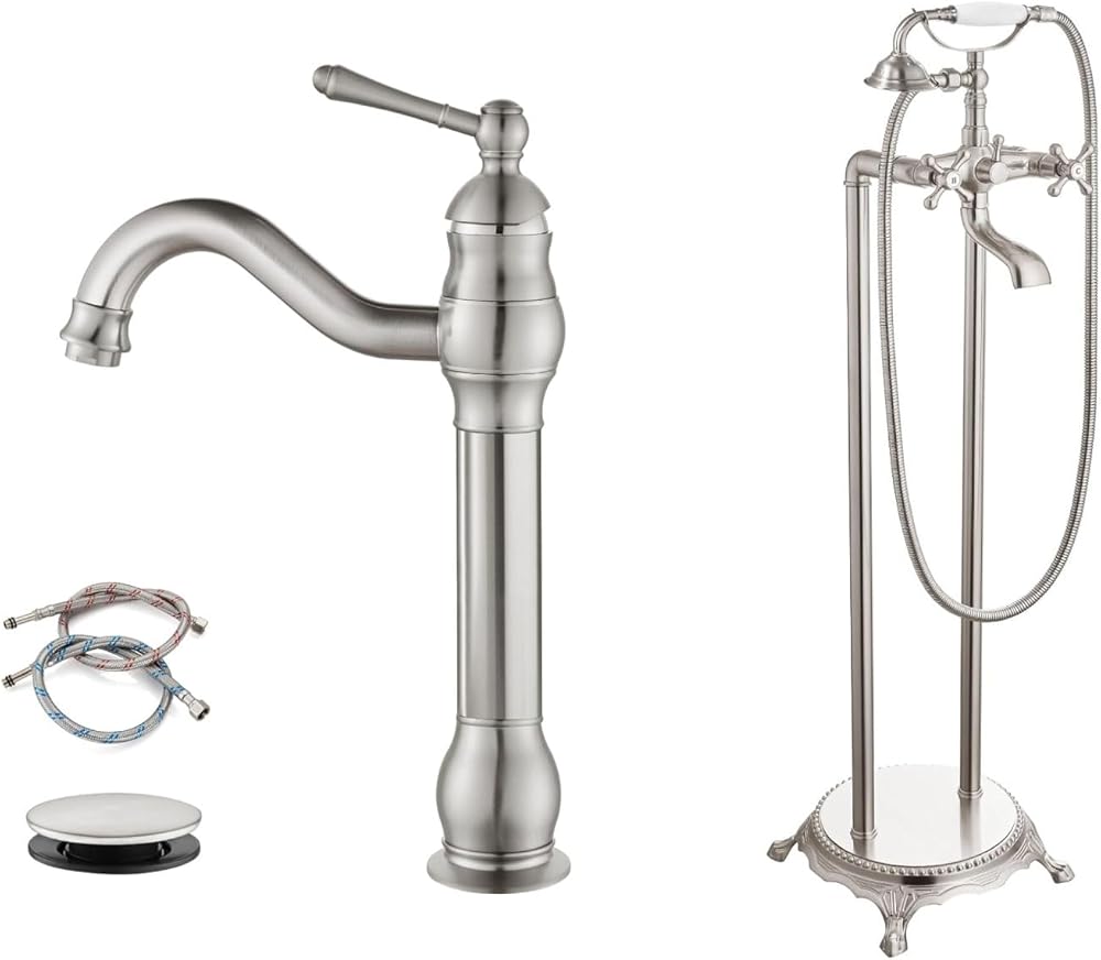 gotonovo Brushed Nickel Bathroom Vessel Sink Faucet with Pop Up Drain and Freestanding Bathtub Faucet Floor Mount Tub Filler Double Cross Knobs with Handheld Shower