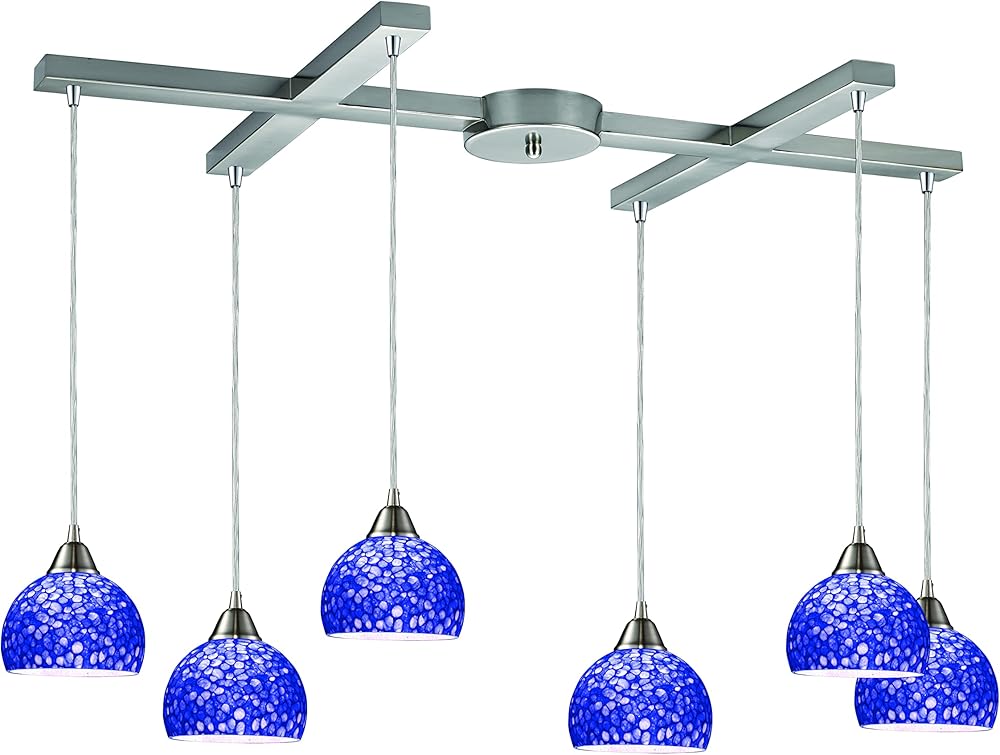 Elk 10143/6PB CIRA 6 Satin Nickel and Pebbled Blue Glass pendant light, 17W X 33D X 6H