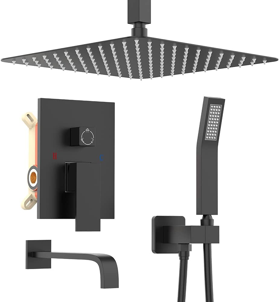 12 Inch 3 Function Ceiling mounted Shower System with Rain Shower Head, Handheld Shower Head, Tub Spout Faucet Set Trim Kit Matte Black