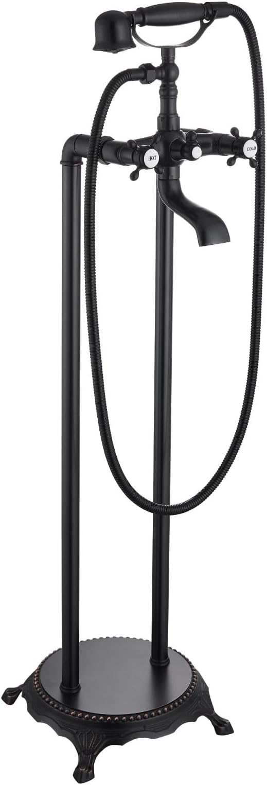gotonovo Freestanding Bathtub Faucet Oil Rubbed Bronze Floor Mount Tub Filler Double Cross Knobs Bathroom Mixing Tap with Handheld Shower Telephone Shape