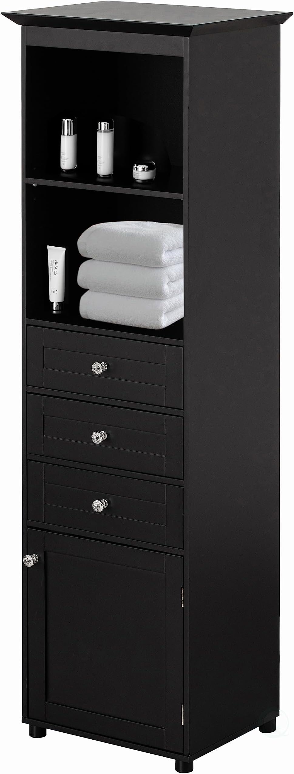 Tall Freestanding Storage Organizer Linen Tower, Vanity, Bathroom Cabinet with 2 Open Shelves, 3 Drawers, and a Closet, Black