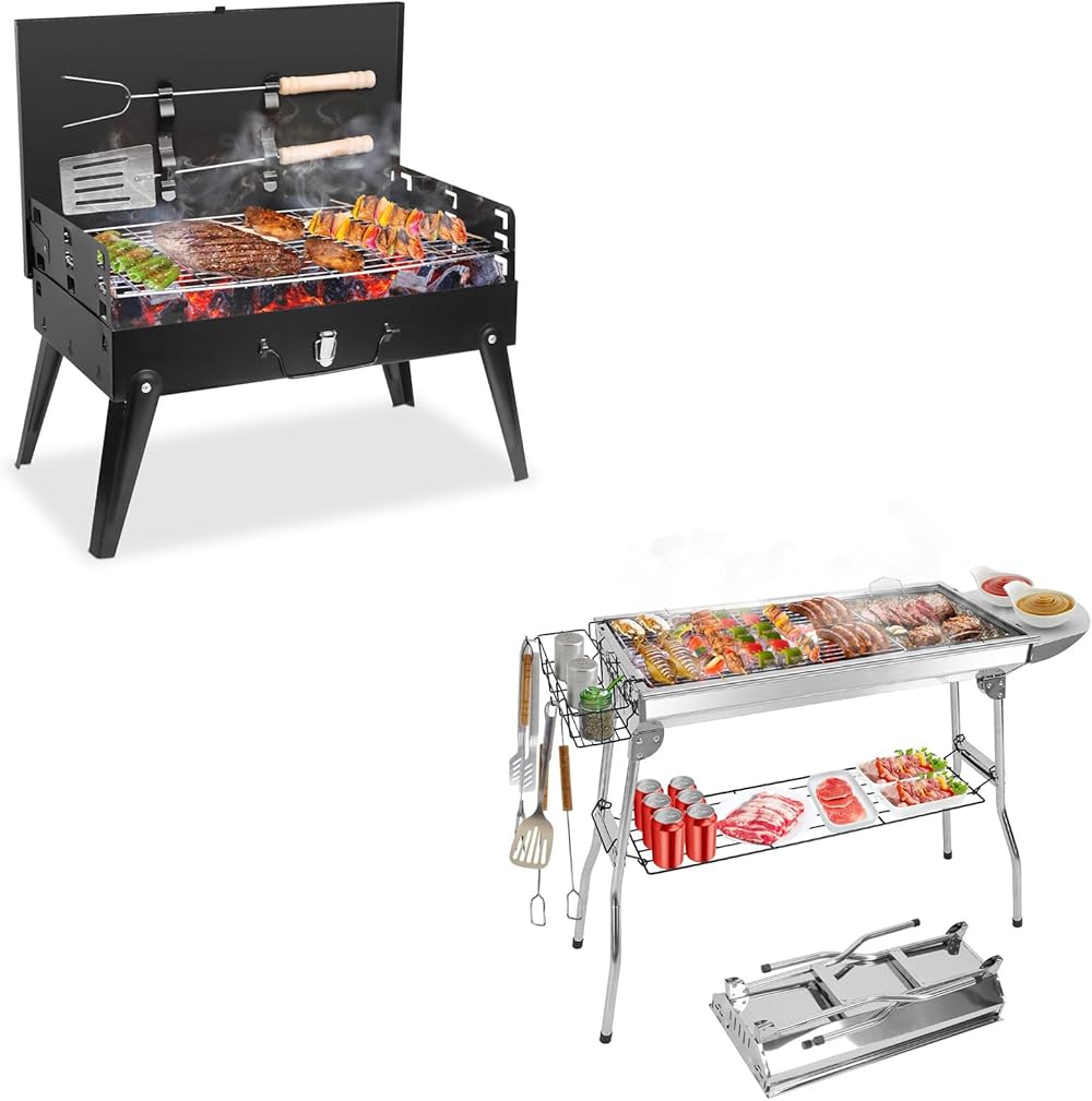 Portable Charcoal Grill, Small BBQ Grill Outdoor Folding Barbecue Grill, Foldable Camping Grill with Barbecue Accessories & Lid for Outdoor Cooking Camp Picnic Hiking Beach Party Patio Smokers