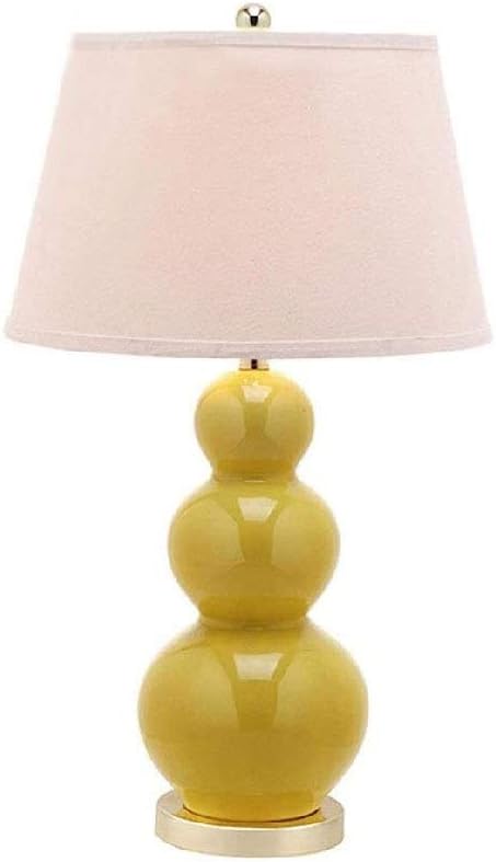 Light Triple Gourd Ceramic Lamp，Desk Lamp Yellow Bedroom Bedside Fabric Table Light