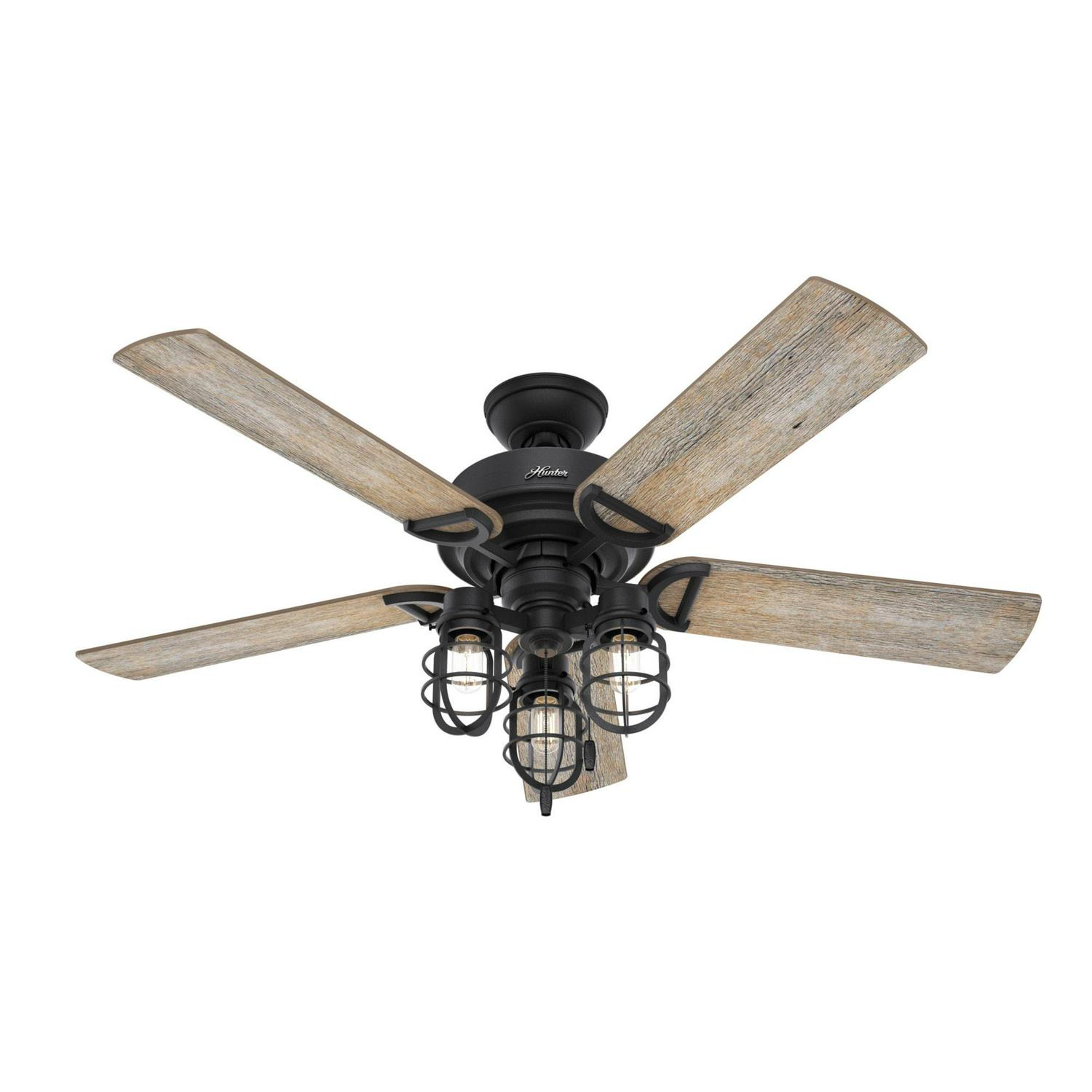 Hunter Starklake 52-in Natural Iron Indoor/Outdoor Downrod or Flush Mount Ceiling Fan with Light (5-Blade)