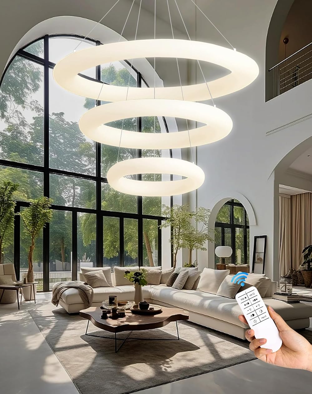 D16''+D24''+D32'' Dimmable Chrome Modern LED Crystal Chandeliers 3 Rings Pendant Light Adjustable Height Ceiling Lamp for Dinning Room Bedroom Living Room (Dimmable)