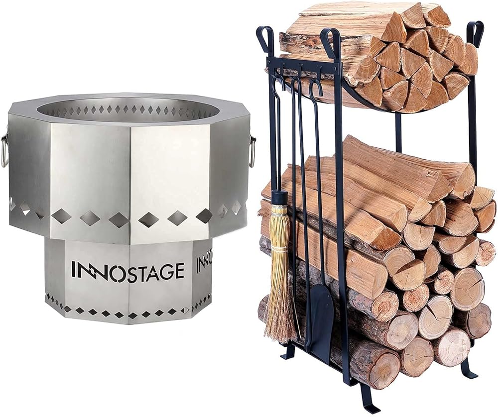 Patented Stainless Bonfire Fire Pit with Portable Carrying Storage Bag and Fireplace Log Rack with 4 Pcs Fireplace Tools Sets