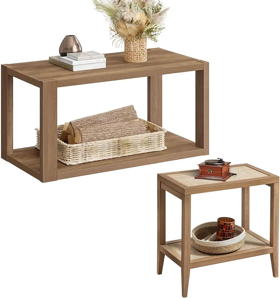 SICOTAS Farmhouse Coffee Table and End Table Set - Rattan Narrow Side Table and Rectangle Coffee Table Wood Look Accent Table for Living Room