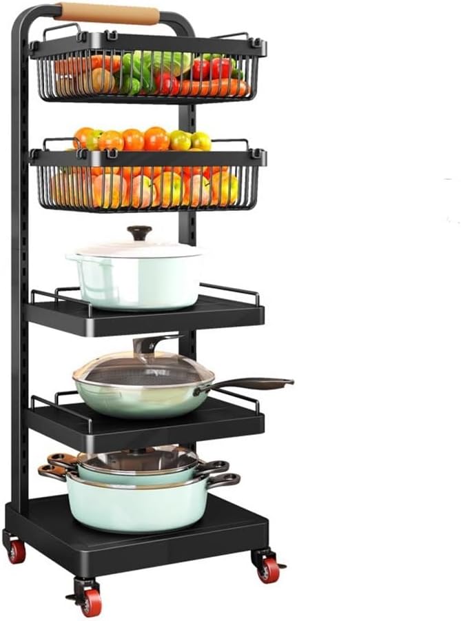 5-Tier Kitchen Pot Rack Cart, Pots and Pans Organizer, Floor Standing Kitchen Rack Organizer with Rolling Wheels, 3 Adjustable Shelves and 2 Hanging Baskets, for Cabinet, Kitchen Organization