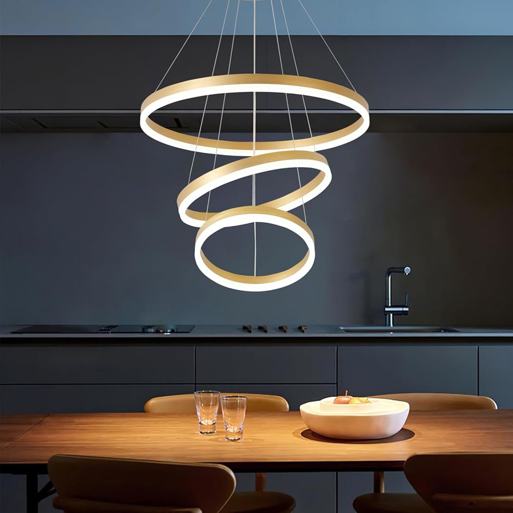 Modern LED Chandelier, 3 Ring Gold Led Chandelier for Dining Room, Gold Modern Dining Room Light Fixture, Dimmable Kitchen Island Lighting with Remote Creative Design Kitchen Chandelier