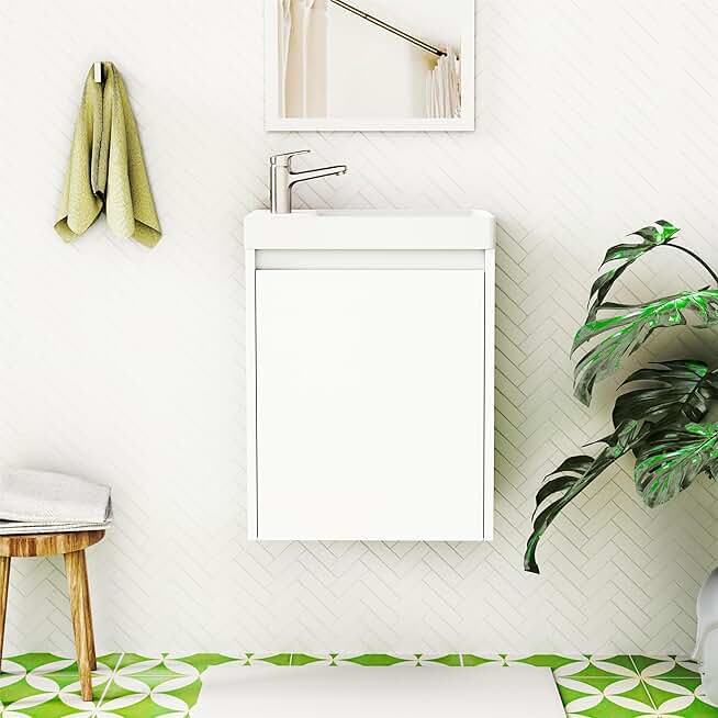 16 inch Bathroom Vanity with Sink, Wall-Mounted Bathroom Vanity with Soft-Close Door, Space-Saving Bathroom Vanity Cabinet, Ceramic Sink, Ideal for Small Bathroom, Easy Assembly, White