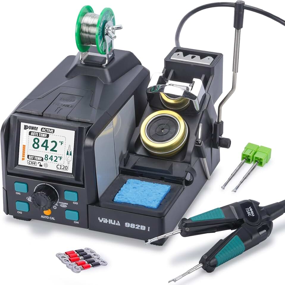YIHUA 982D-I Precision Hot Tweezers Soldering Station with 4 Soldering Tips, Lead-Free Solder Wire, YIHUA 716C-Compatible Handpiece, AUTO Temp. Calibration, Sleep Mode, Full-Color Display