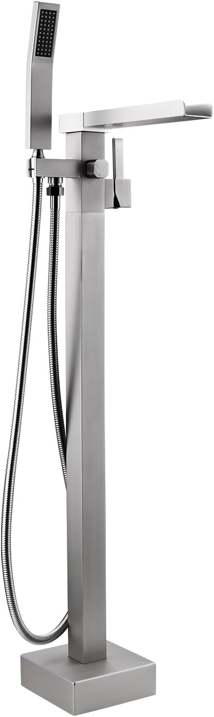 BAGNOLUX Freestanding Bathtub Faucet Tub Filler Floor Mount Bathroom Faucets Brass Single Handle with Hand Shower (Waterfall Style B, Brushed Nickel)