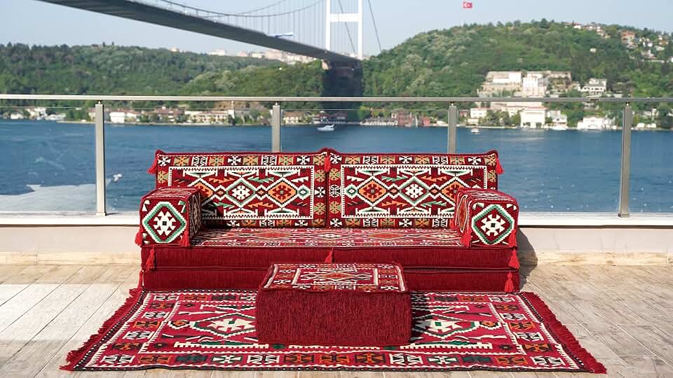 Turkish Floor Sofa Set, Arabic Jalsa, Sectional Sofa, Oriental Sofa, Loveseat Sofas, Ottoman Couch, Majlis Sofa, Arabian Sofa (8'' Thickness Sofa, Sofa + Rug + Ottoman, Burgundy)
