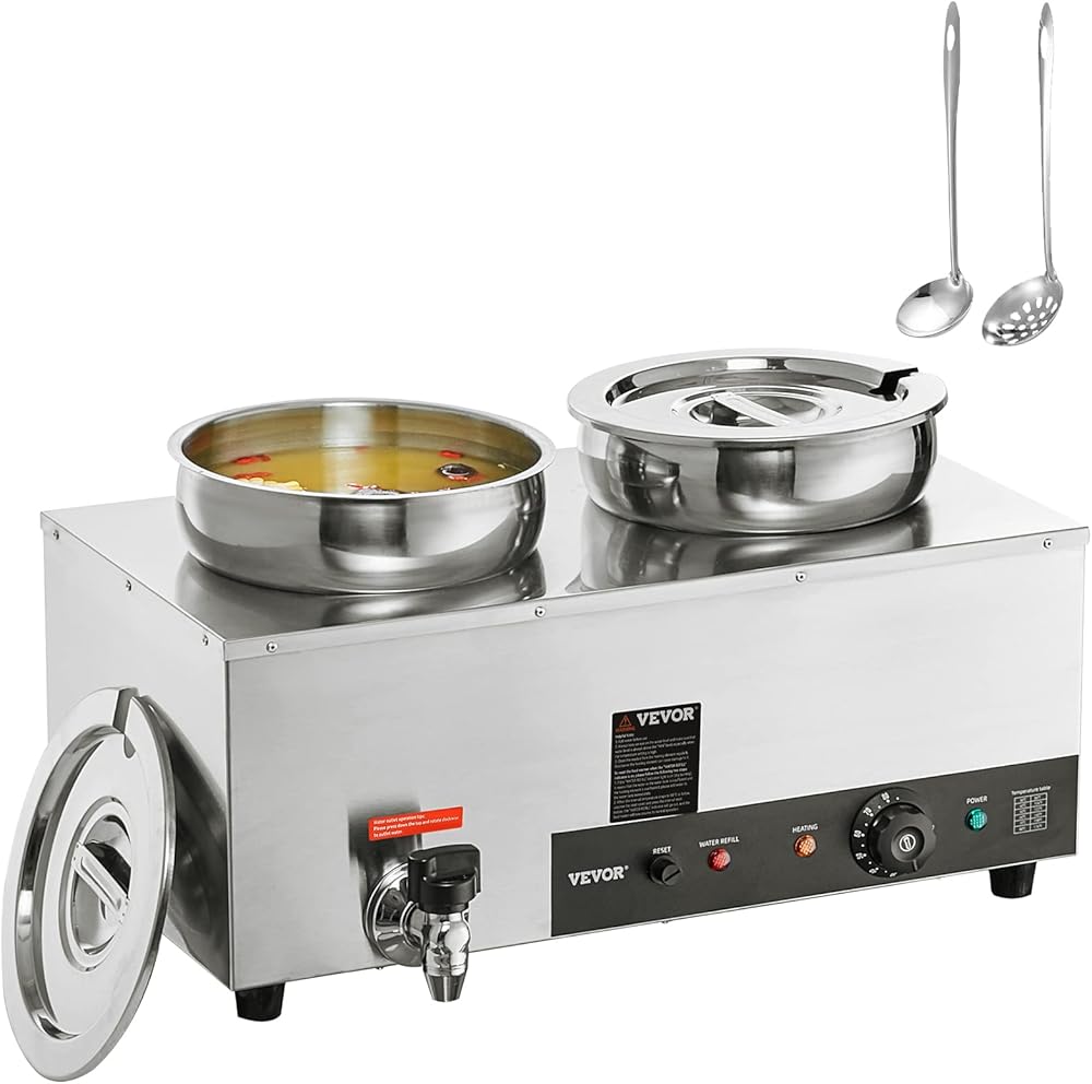 Electric Soup Warmer, Dual 7.4QT Stainless Steel Round Pot 86~185°F Adjustable Temp, 1200W Commercial Bain Marie with Anti-Dry Burn and Reset Button, Soup Station for Restaurant, Buffet, Silver