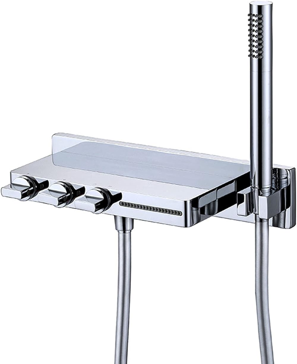 Waterfall Bathtub Faucet, Square Wall-Mounted Shower Faucet Set, Bathroom Hot And Cold Water Mixer Tap, Copper Large Platform Storage, Two Kinds of Effluent,Chrome plated