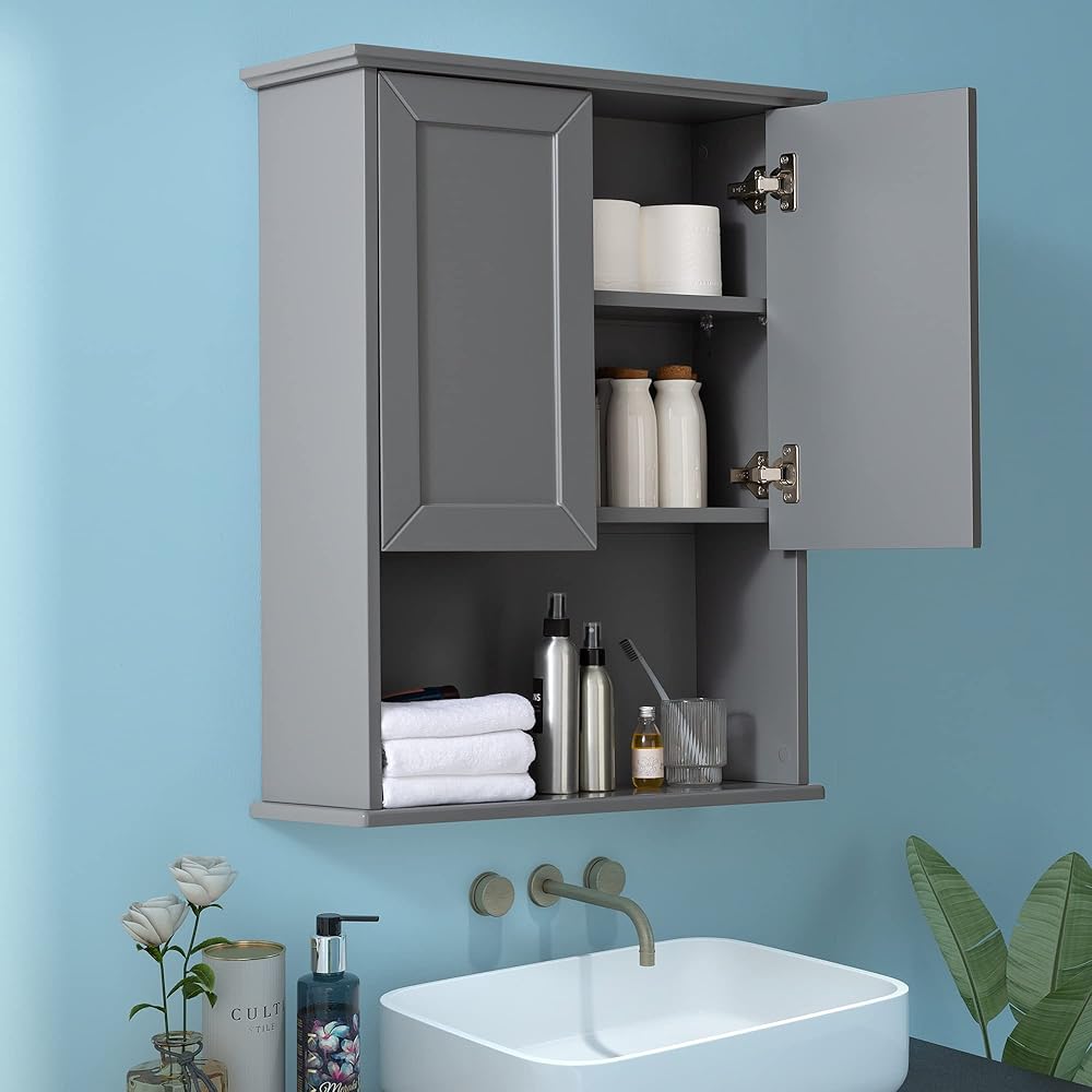 Grey Cabinet Wall Mounted with 2 Doors, Wooden Medicine Cabinet with Adjustable Shelf, 23