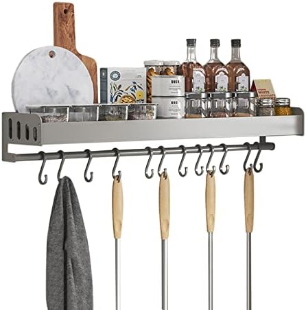 Kitchen Wall Storage Wall Mount Spice Rack with Hook Seasoning Rack Adhesive No Drill with Towel Rack Grey Space Aluminum For Bathroom Balcony,35cm (60cm)